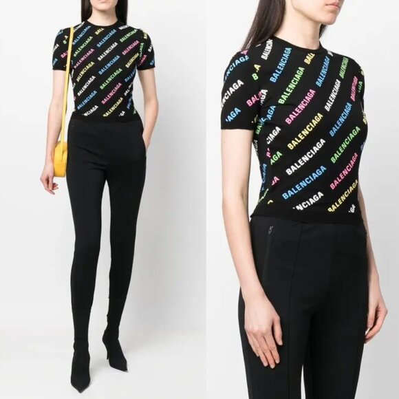 NWT Balenciaga Crop Sweater Cotton Puff Ink Knit Black Multicolor Logo Print - Picture 2 of 11